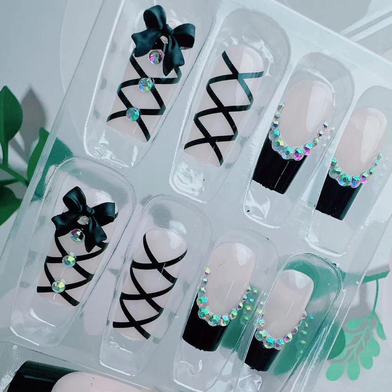 BSBTBZ Black French Tip Press on Nails Medium Long Rhinestone Bow Diamond French Nails Square Bling Glossy 3D Bow False Nail Tips Artificial Nails Finger Manicure for Women and Girls 24pcs - Image 3